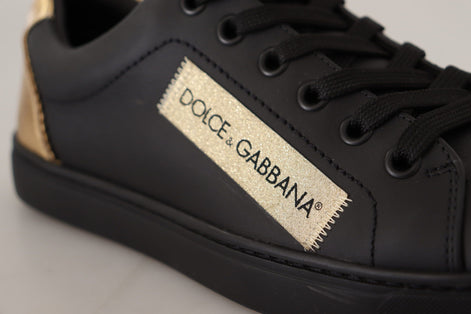 Dolce & Gabbana Black Gold Leather Low Top Sneakers Womens Shoes Dolce & Gabbana