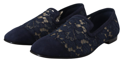 Dolce & Gabbana Blue Floral Lace Slip Ons Loafers Flats Shoes Dolce & Gabbana