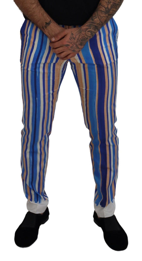 Dolce & Gabbana Blue Striped Silk Cotton Slim Trousers Pants Dolce & Gabbana