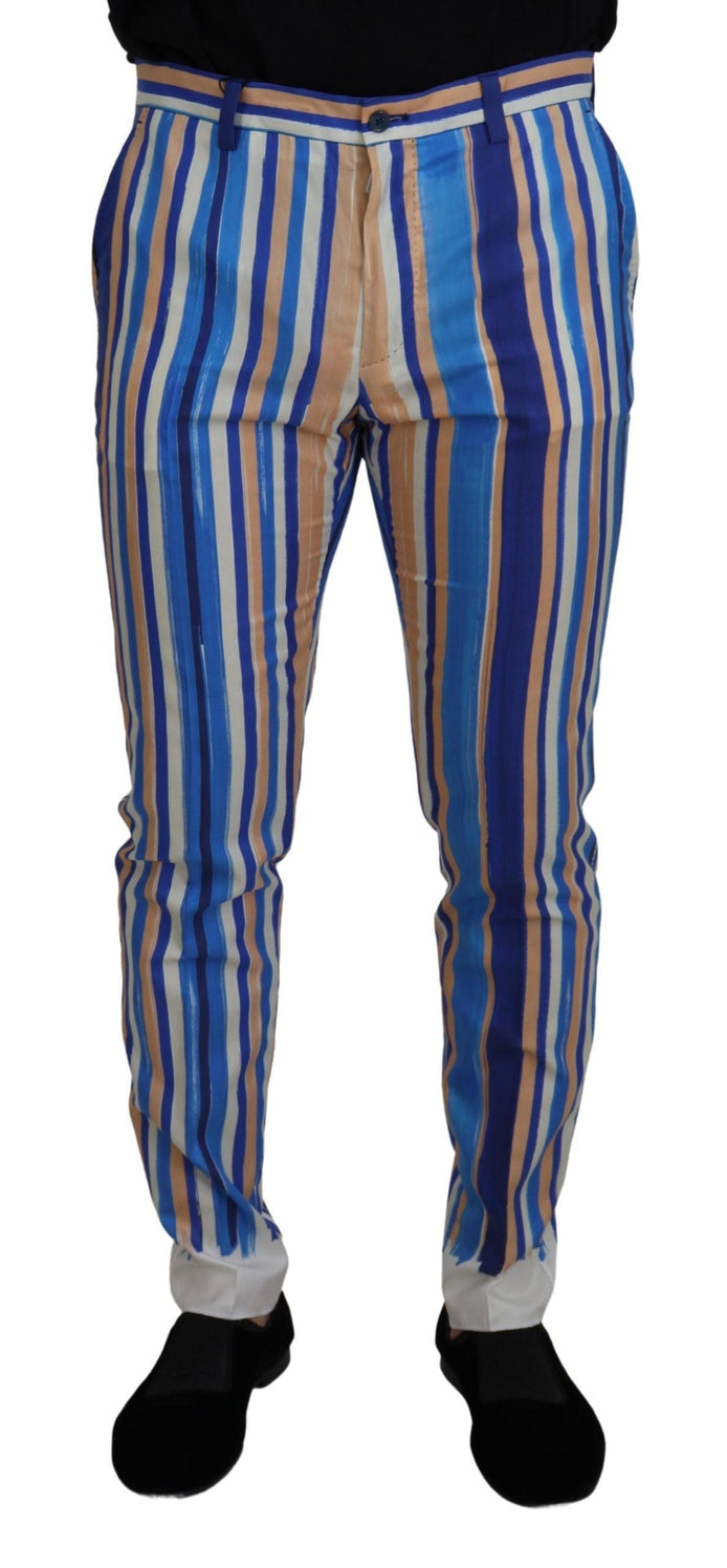Dolce & Gabbana Blue Striped Silk Cotton Slim Trousers Pants Dolce & Gabbana