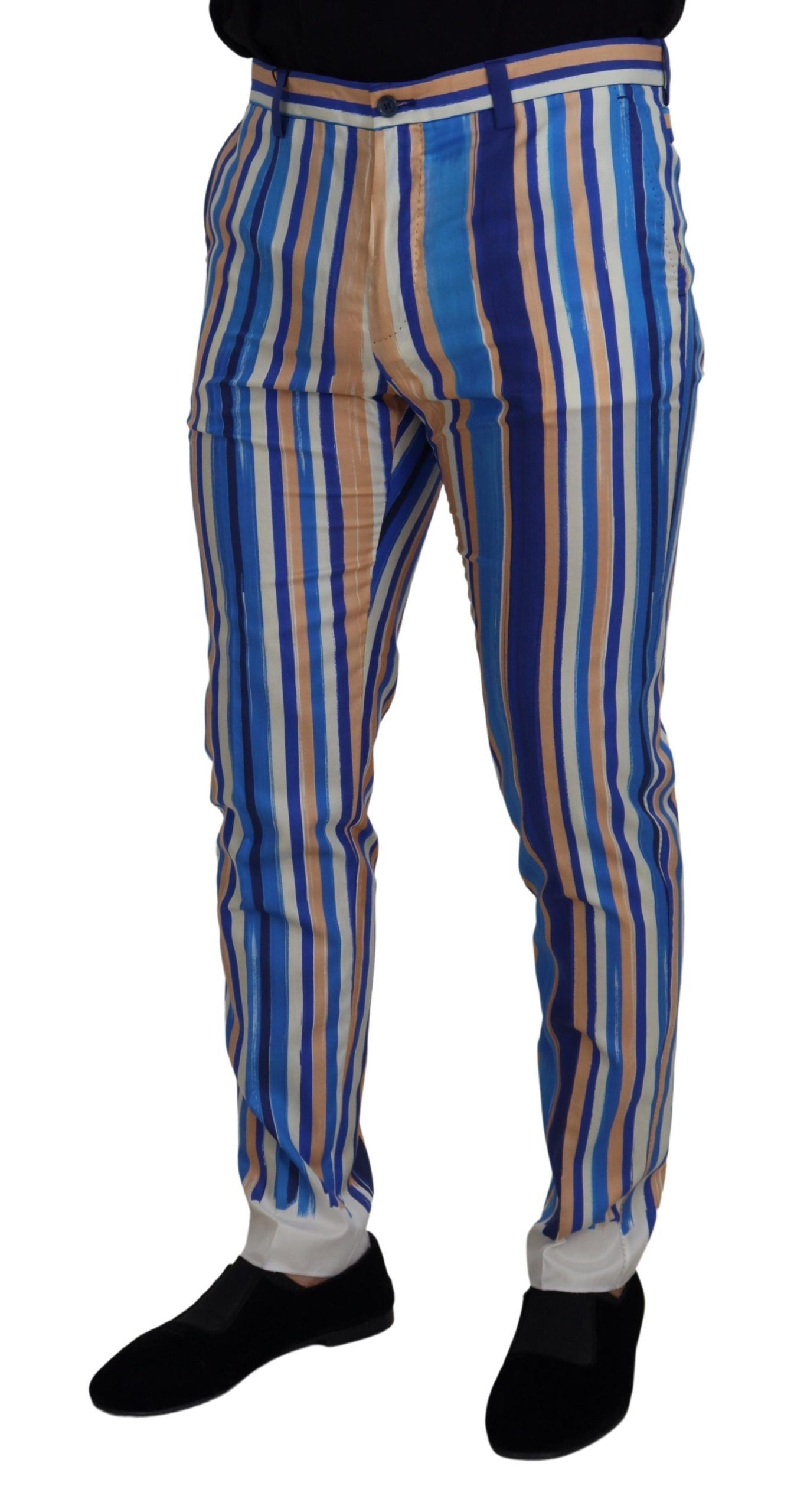 Dolce & Gabbana Blue Striped Silk Cotton Slim Trousers Pants Dolce & Gabbana