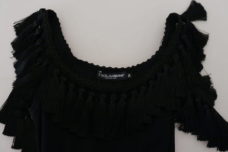Dolce & Gabbana Black Tank Top Blouse Tassle Cotton Blouse Dolce & Gabbana