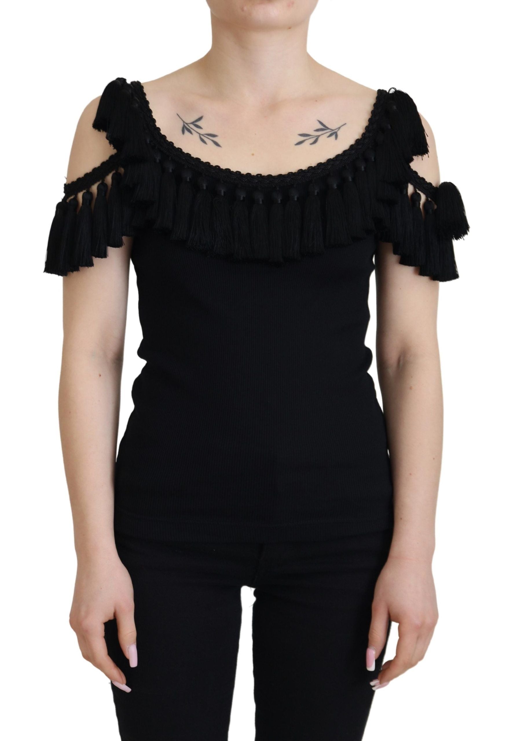 Dolce & Gabbana Black Tank Top Blouse Tassle Cotton Blouse Dolce & Gabbana