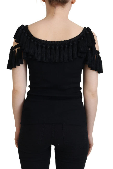 Dolce & Gabbana Black Tank Top Blouse Tassle Cotton Blouse Dolce & Gabbana
