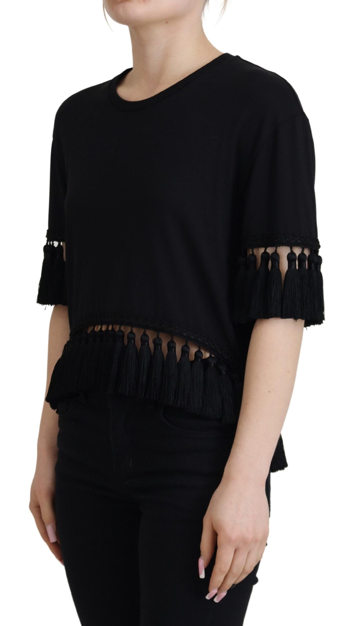 Dolce & Gabbana Black T-shirt Blouse Tassle Cotton Blouse Dolce & Gabbana