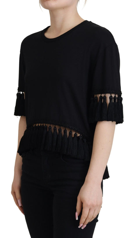 Dolce & Gabbana Black T-shirt Blouse Tassle Cotton Blouse Dolce & Gabbana