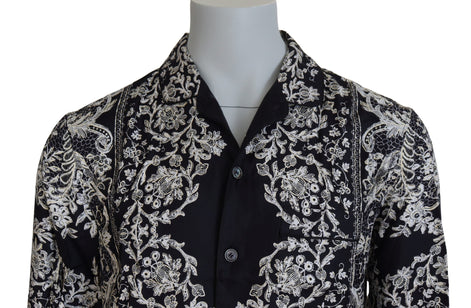Dolce & Gabbana Blue Silk Floral Baroque Satin Casual Shirt Dolce & Gabbana