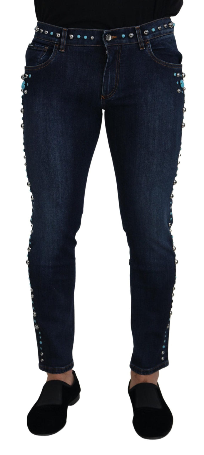 Dolce & Gabbana Blue Cotton Studded Low Waist Denim Jeans Dolce & Gabbana