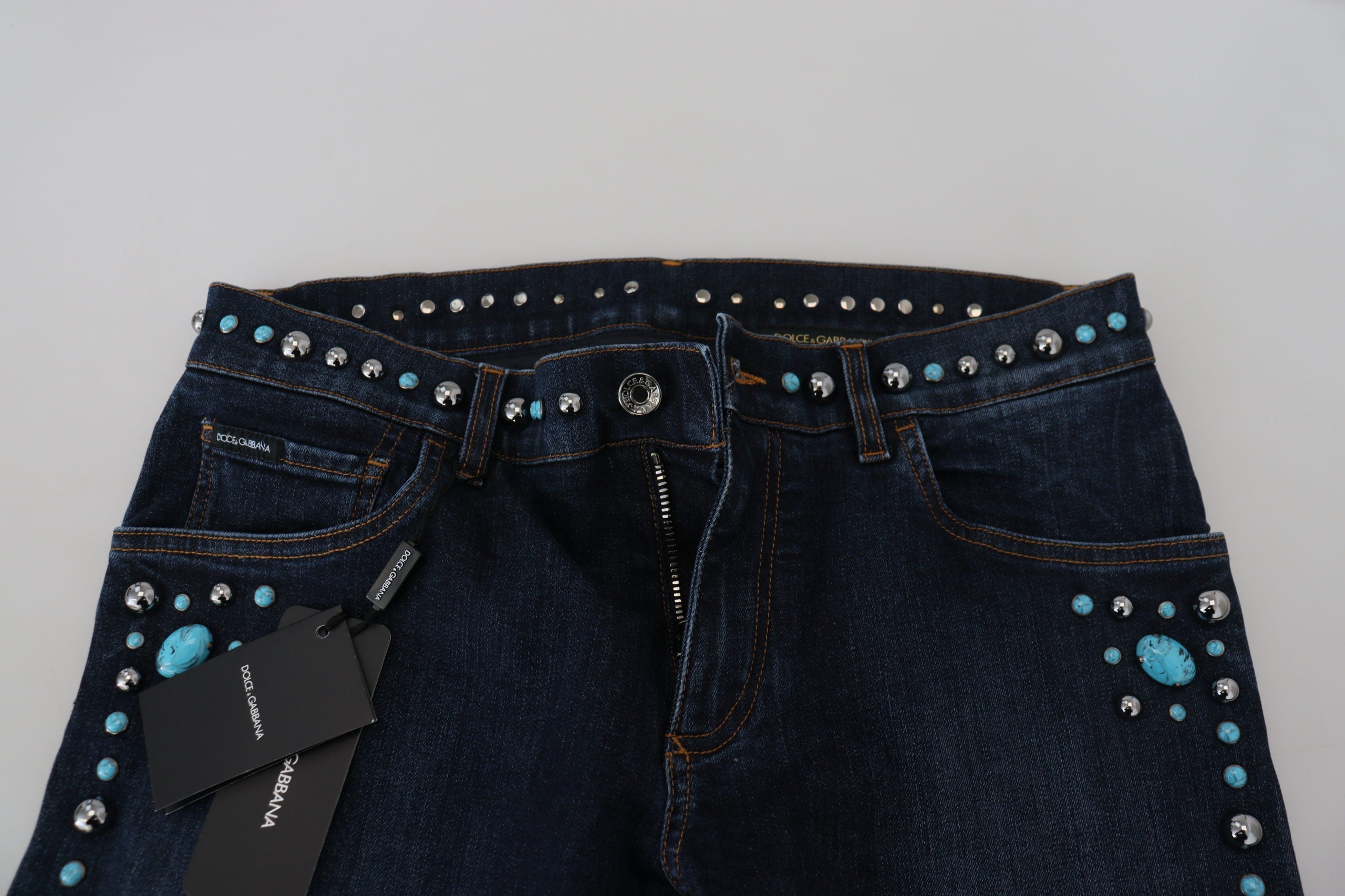 Dolce & Gabbana Blue Cotton Studded Low Waist Denim Jeans Dolce & Gabbana