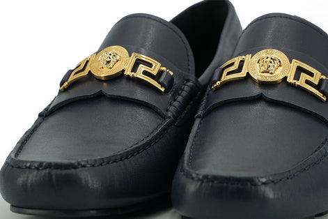 Versace Navy Blue Calf Leather Loafers Shoes Versace