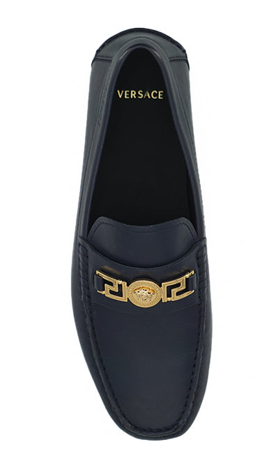 Versace Navy Blue Calf Leather Loafers Shoes Versace