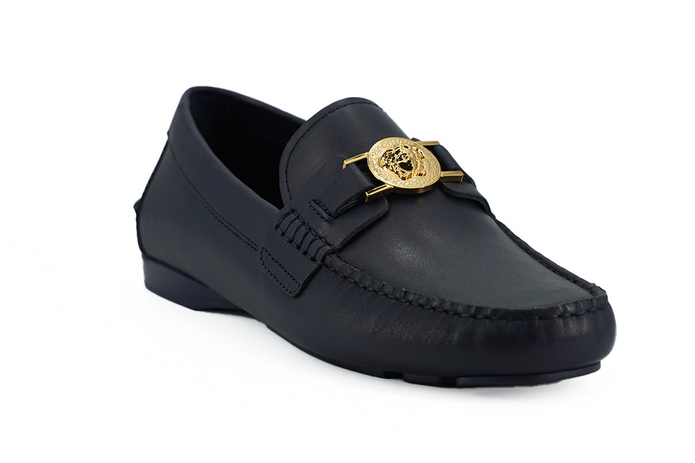 Versace Navy Blue Calf Leather Loafers Shoes Versace