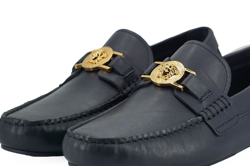 Versace Navy Blue Calf Leather Loafers Shoes Versace