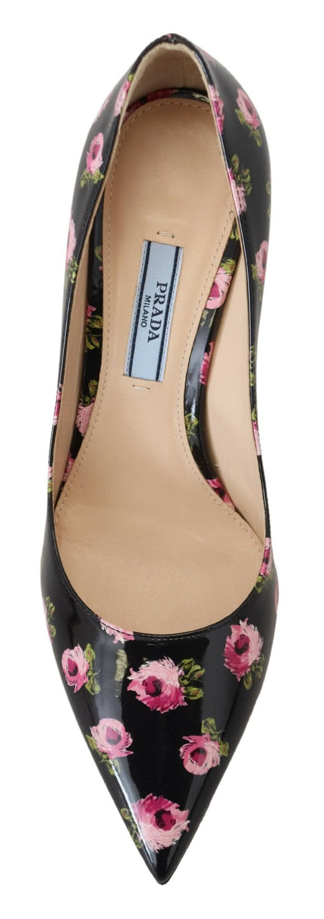 Prada Black Leather Floral Heels Stilettos Pumps Prada