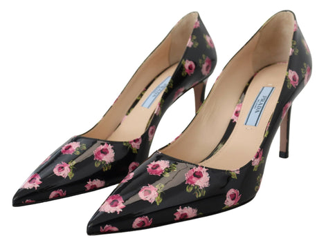 Prada Black Leather Floral Heels Stilettos Pumps Prada