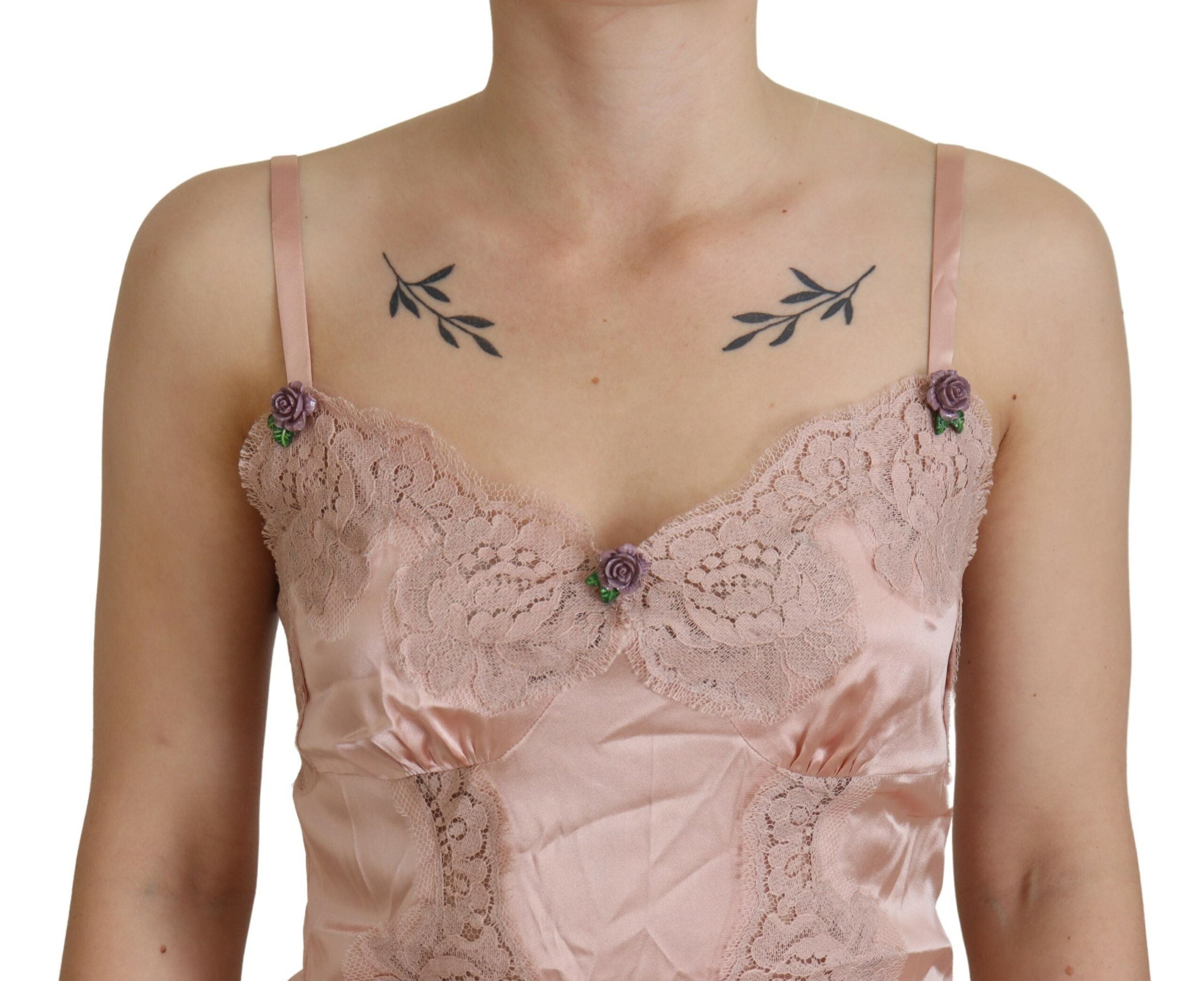 Dolce & Gabbana Pink Satin Lace Roses Tank Top Lingerie Dolce & Gabbana