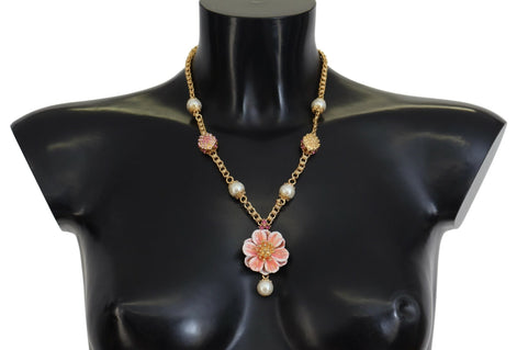 Dolce & Gabbana Gold Tone Floral Crystals Pink Embellished Necklace Dolce & Gabbana
