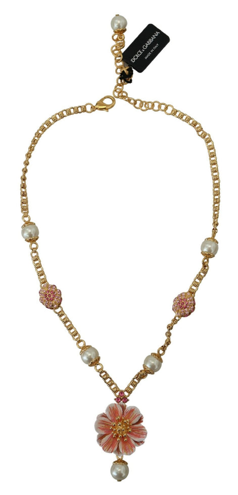 Dolce & Gabbana Gold Tone Floral Crystals Pink Embellished Necklace Dolce & Gabbana