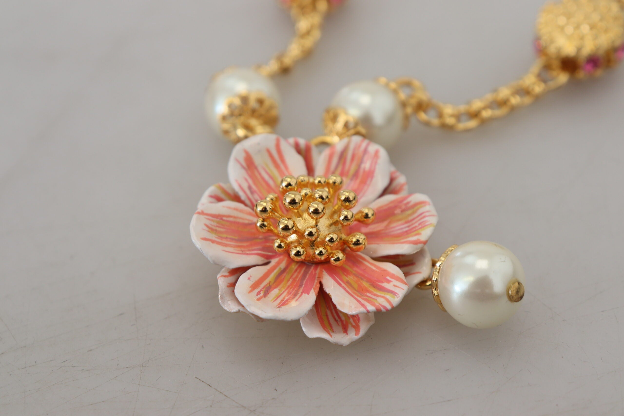 Dolce & Gabbana Gold Tone Floral Crystals Pink Embellished Necklace Dolce & Gabbana