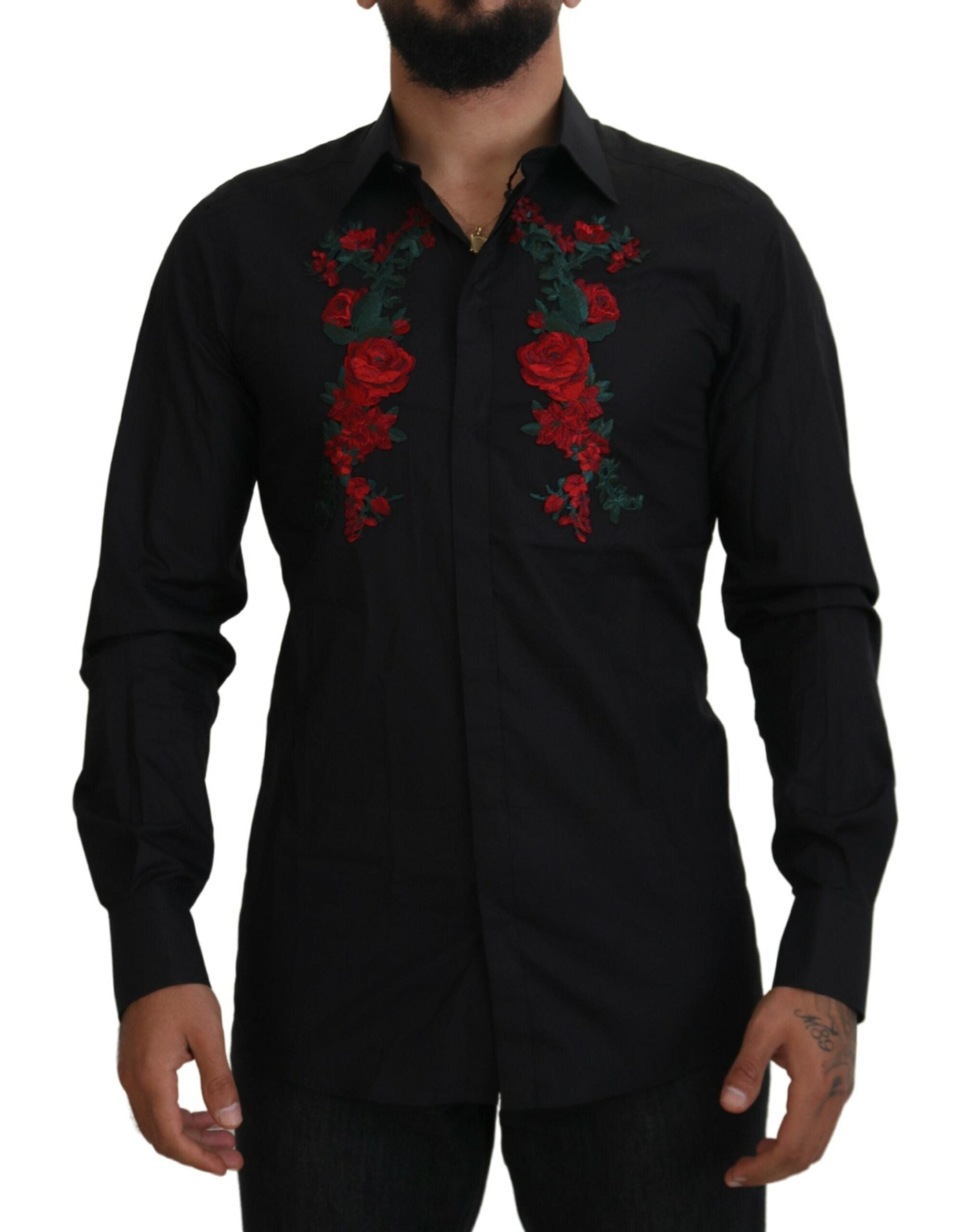 Dolce & Gabbana Black Floral Embroidery Men Long Sleeves GOLD Shirt Dolce & Gabbana