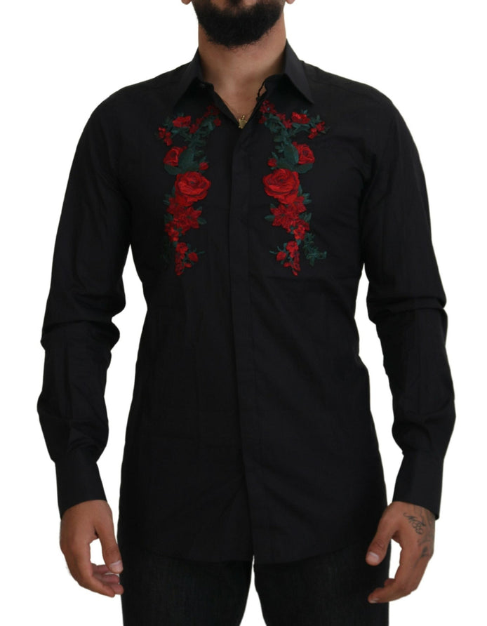 Dolce & Gabbana Black Floral Embroidery Men Long Sleeves GOLD Shirt Dolce & Gabbana