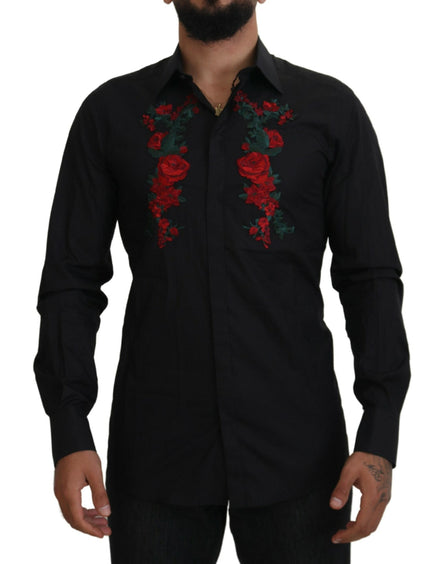 Dolce & Gabbana Black Floral Embroidery Men Long Sleeves GOLD Shirt Dolce & Gabbana