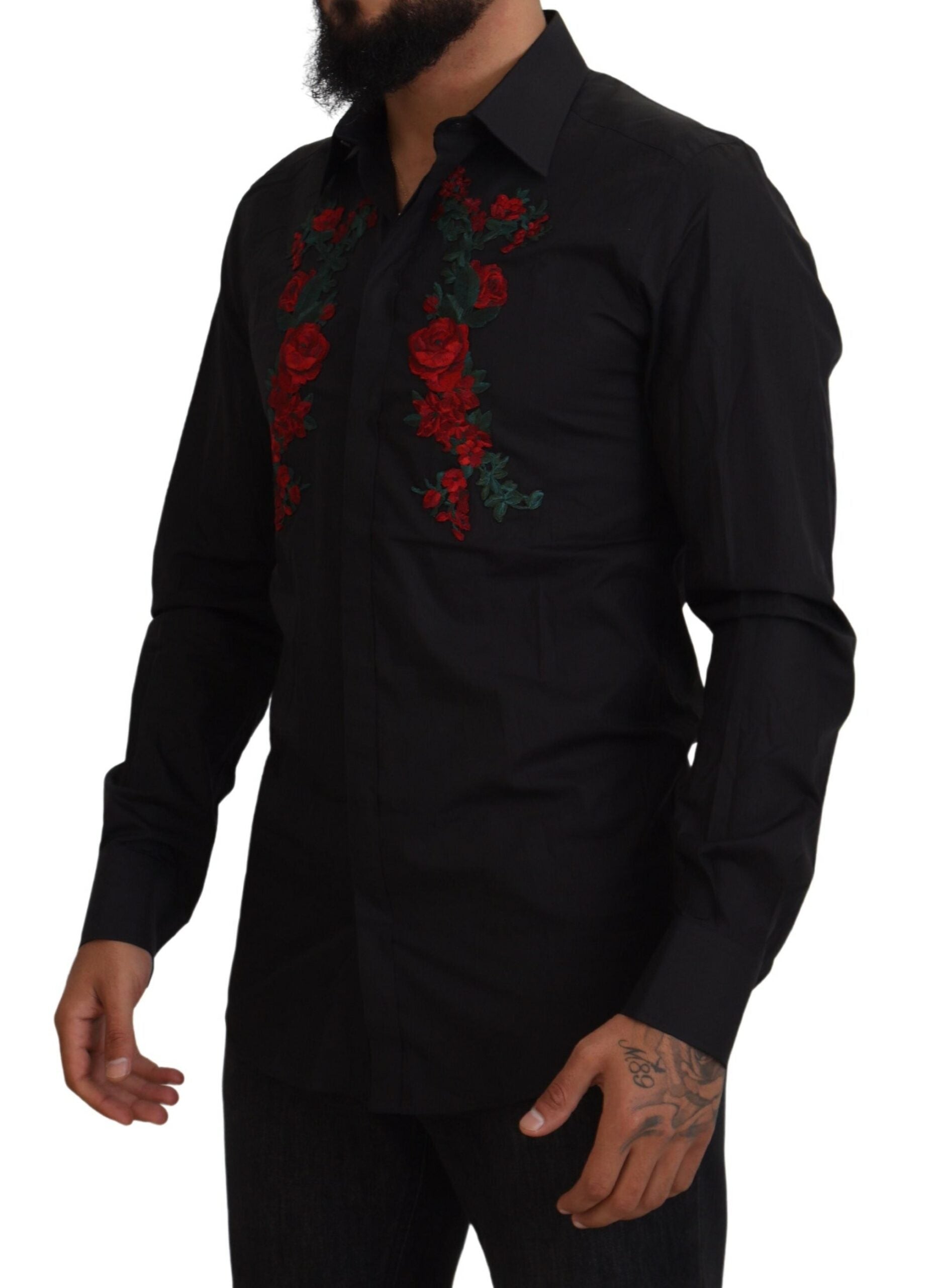 Dolce & Gabbana Black Floral Embroidery Men Long Sleeves GOLD Shirt Dolce & Gabbana