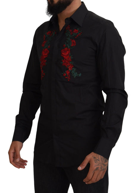 Dolce & Gabbana Black Floral Embroidery Men Long Sleeves GOLD Shirt Dolce & Gabbana
