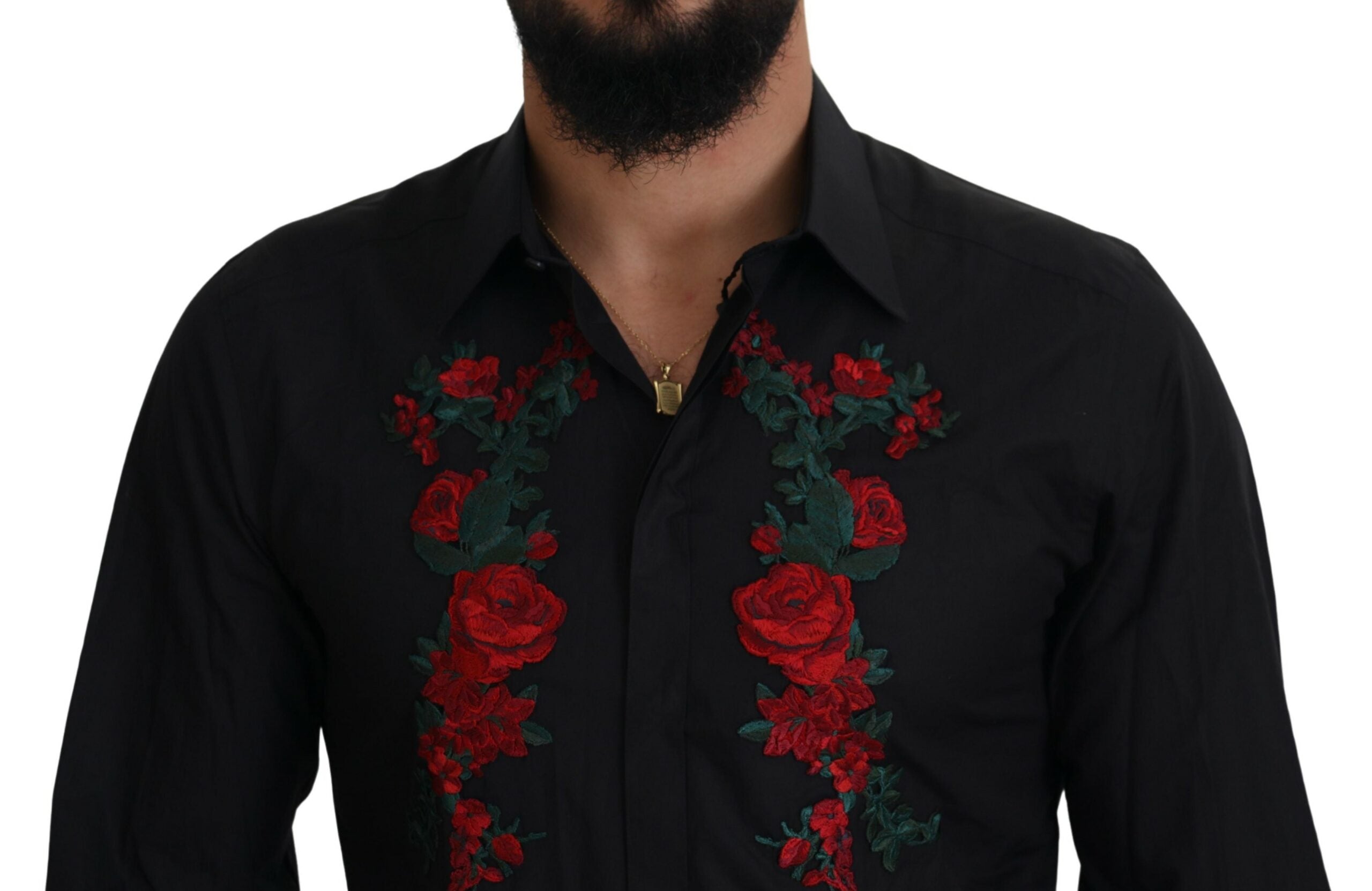 Dolce & Gabbana Black Floral Embroidery Men Long Sleeves GOLD Shirt Dolce & Gabbana