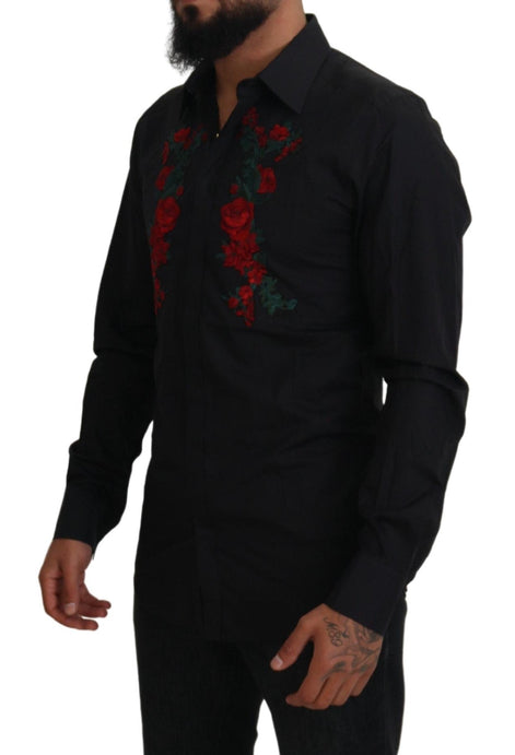 Dolce & Gabbana Black Floral Embroidery Men Long Sleeves GOLD Shirt Dolce & Gabbana