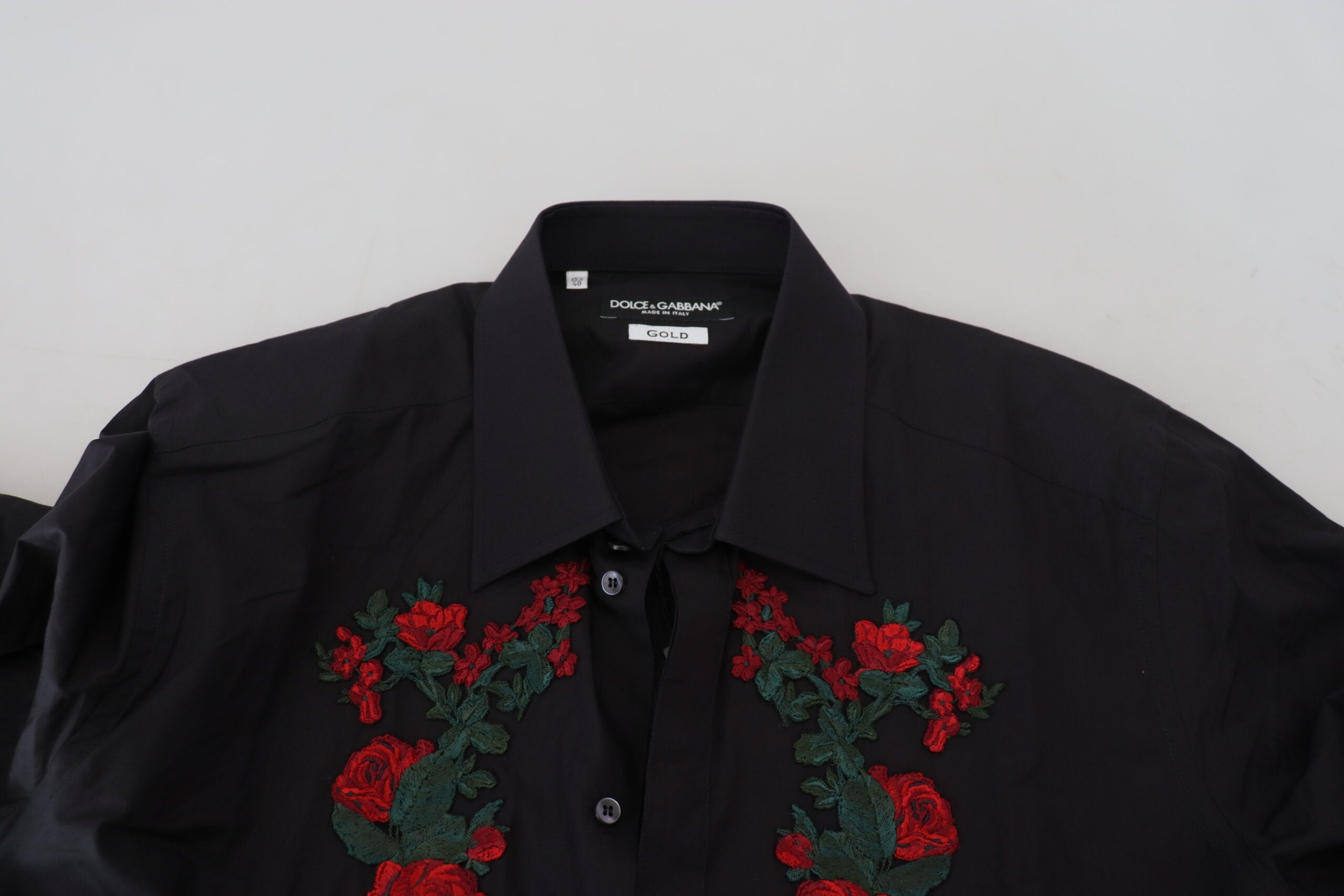 Dolce & Gabbana Black Floral Embroidery Men Long Sleeves GOLD Shirt Dolce & Gabbana