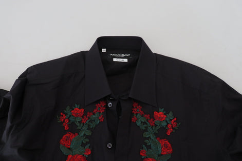 Dolce & Gabbana Black Floral Embroidery Men Long Sleeves GOLD Shirt Dolce & Gabbana