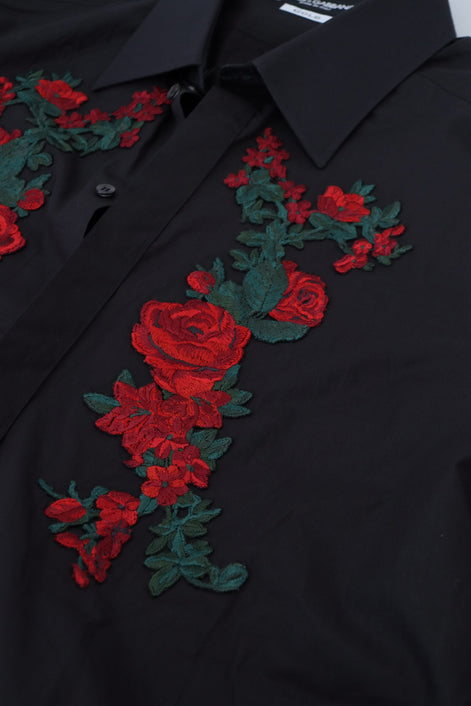 Dolce & Gabbana Black Floral Embroidery Men Long Sleeves GOLD Shirt Dolce & Gabbana