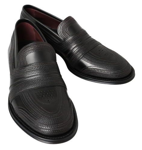 Dolce & Gabbana Black Leather Slipper Loafers Stitched Shoes Dolce & Gabbana