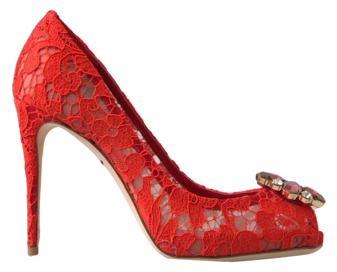 Dolce & Gabbana Red Taormina Lace Crystal Heels Pumps Shoes Dolce & Gabbana