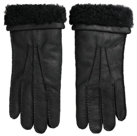 Dolce & Gabbana Black Leather Fur Short Hands Mitten Men Gloves Dolce & Gabbana