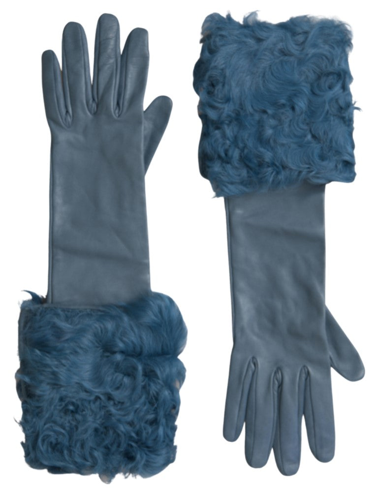 Dolce & Gabbana Blue Leather Fur Mid Arm Length Gloves Dolce & Gabbana