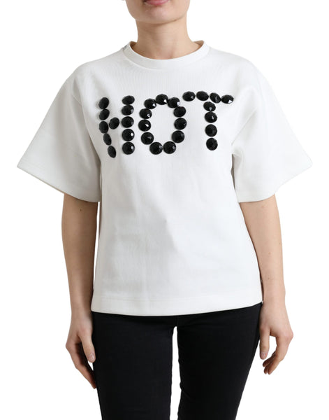 Dolce & Gabbana T-shirt White Cotton Stretch Black HOT Crystal Dolce & Gabbana