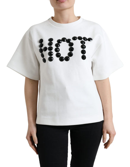 Dolce & Gabbana T-shirt White Cotton Stretch Black HOT Crystal Dolce & Gabbana