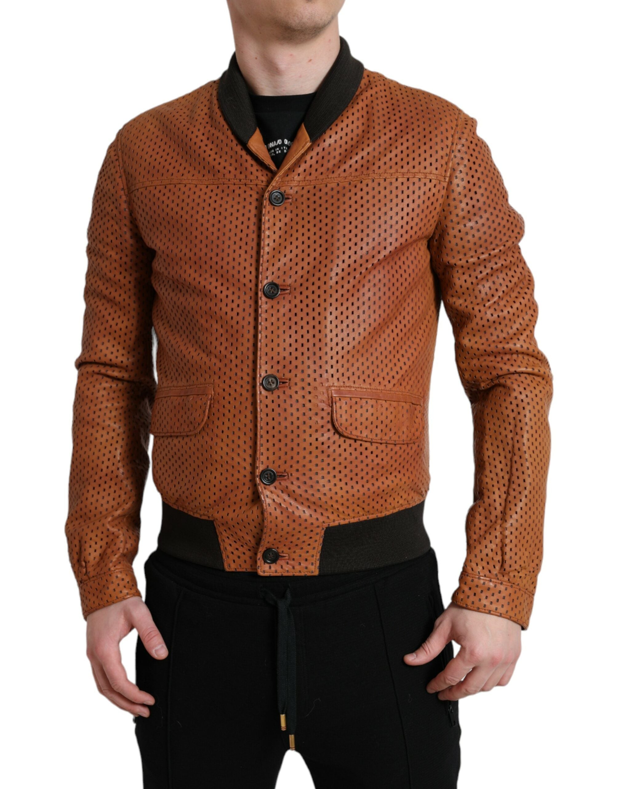 Dolce & Gabbana Brown Lambskin Leather Perforated Jacket Dolce & Gabbana