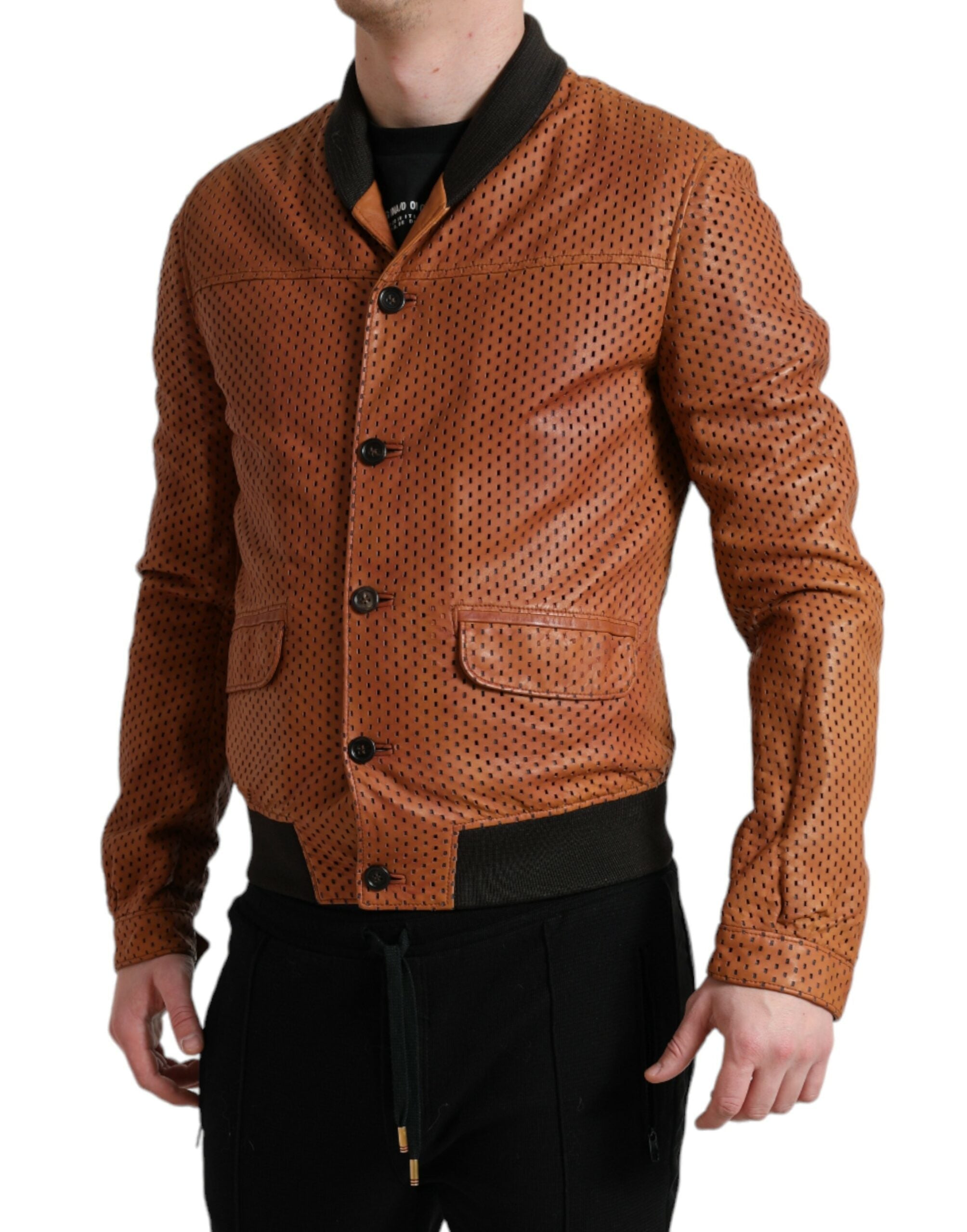Dolce & Gabbana Brown Lambskin Leather Perforated Jacket Dolce & Gabbana
