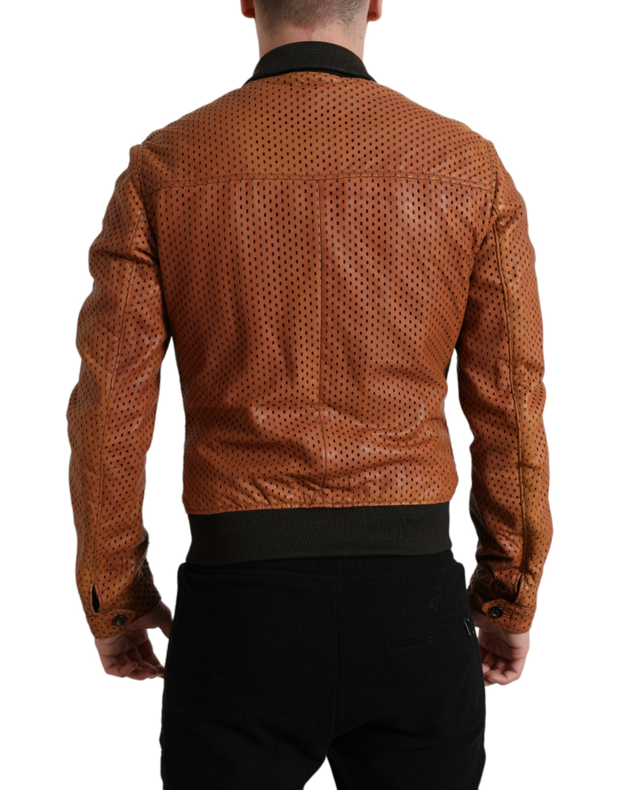 Dolce & Gabbana Brown Lambskin Leather Perforated Jacket Dolce & Gabbana