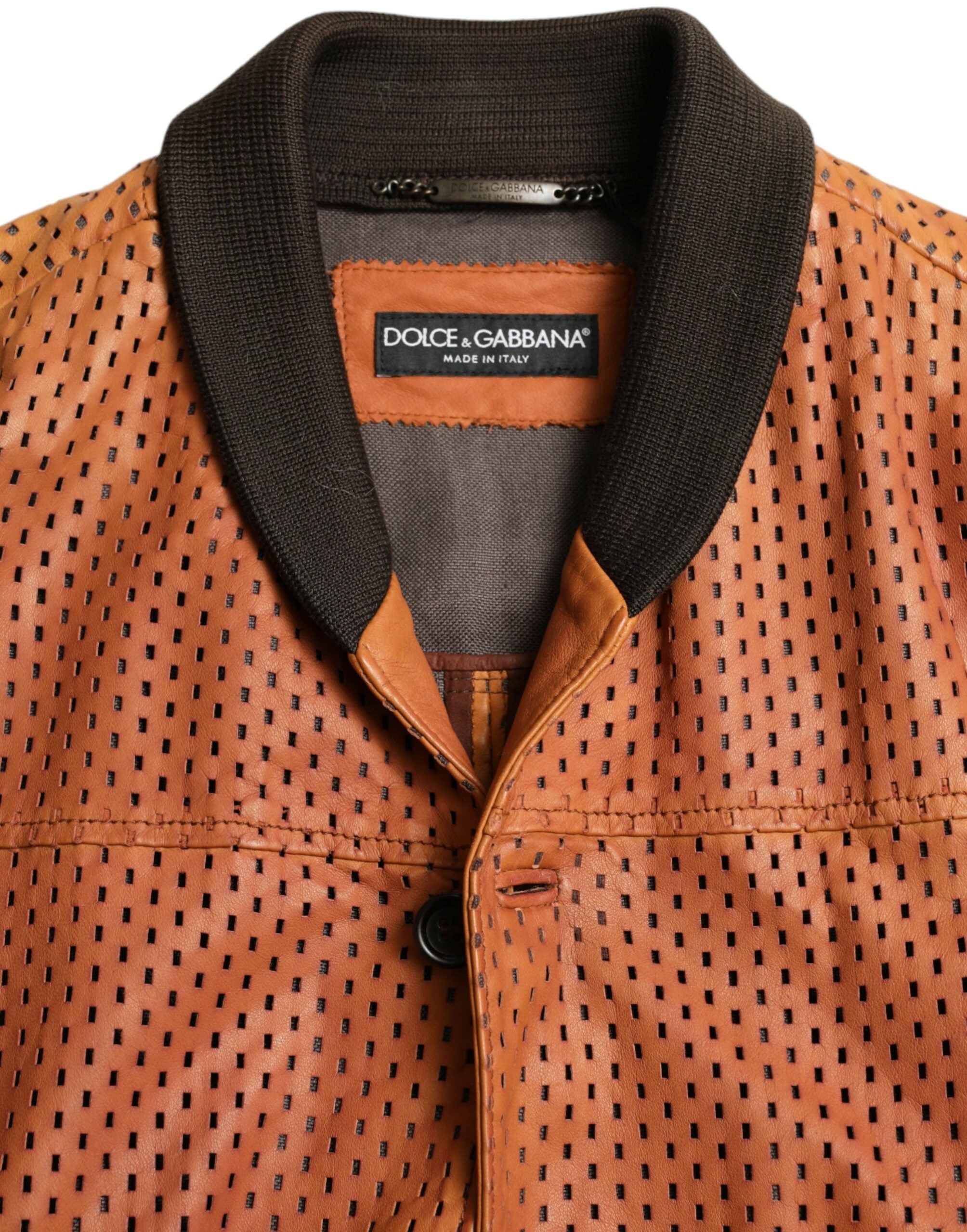 Dolce & Gabbana Brown Lambskin Leather Perforated Jacket Dolce & Gabbana