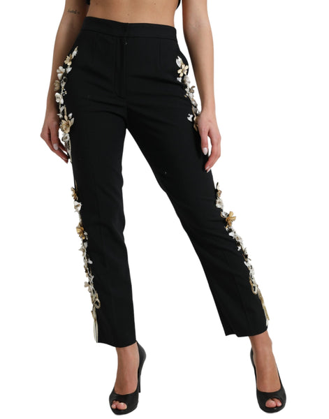 Dolce & Gabbana Black Floral Applique High Waist Tapered Pants Dolce & Gabbana