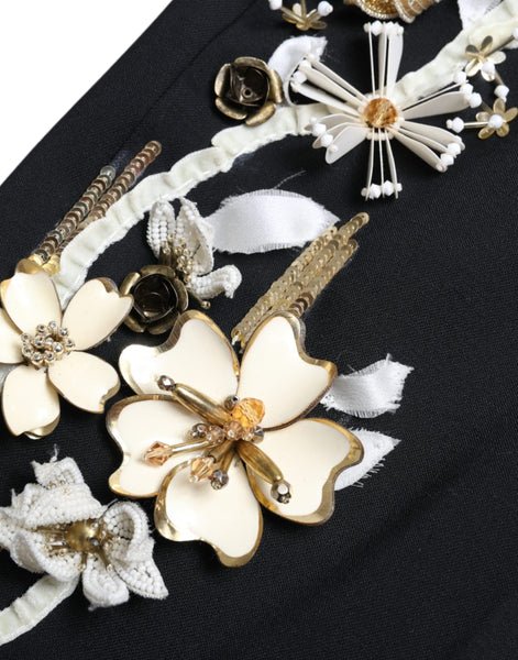 Dolce & Gabbana Black Floral Applique High Waist Tapered Pants Dolce & Gabbana