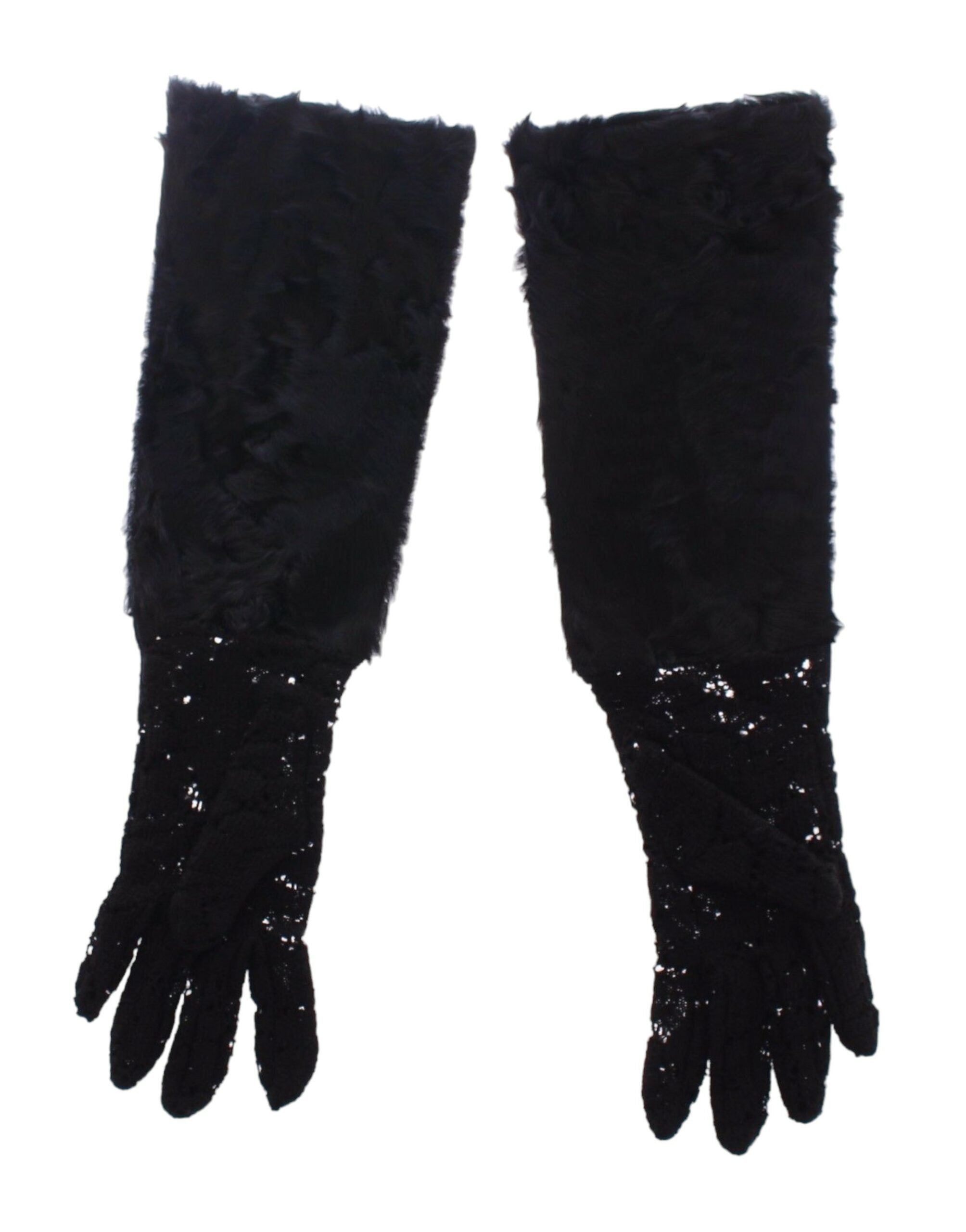 Dolce & Gabbana Black Lace Wool Lambskin Fur Elbow Gloves Dolce & Gabbana