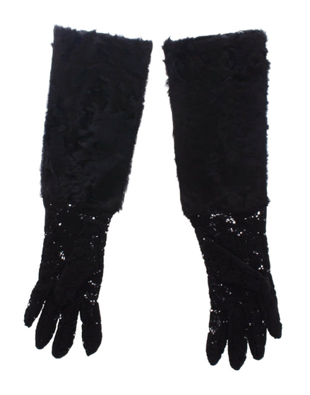 Dolce & Gabbana Black Lace Wool Lambskin Fur Elbow Gloves Dolce & Gabbana