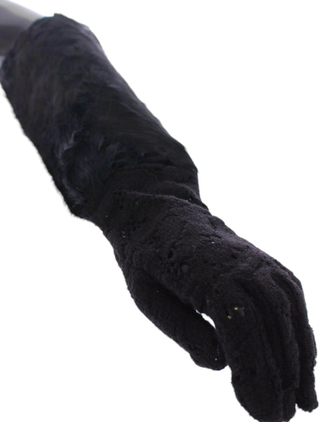 Dolce & Gabbana Black Lace Wool Lambskin Fur Elbow Gloves Dolce & Gabbana