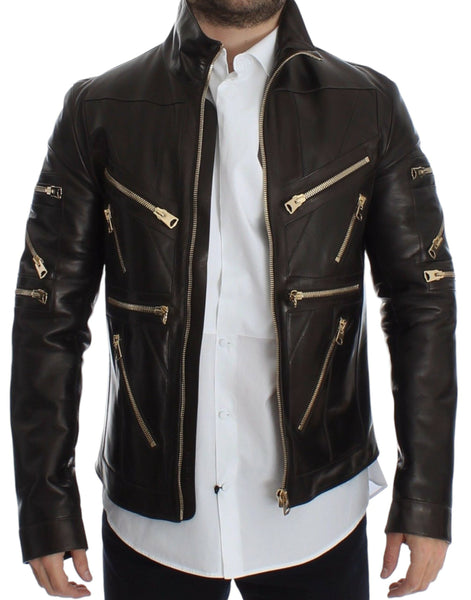 Dolce & Gabbana Brown Lambskin Leather Zipper Jacket Dolce & Gabbana