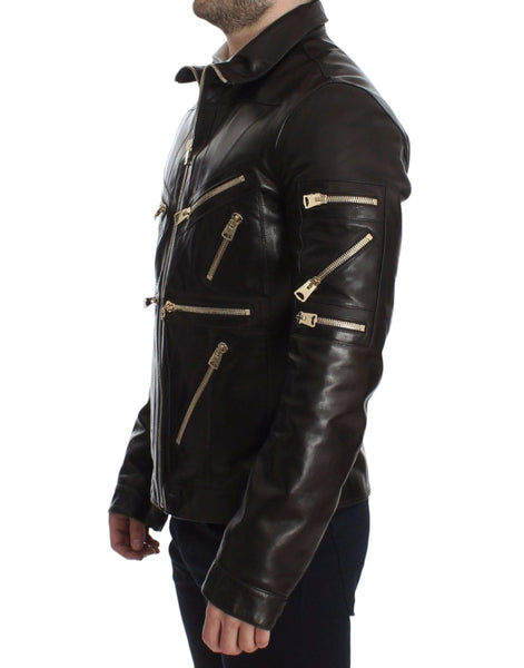 Dolce & Gabbana Brown Lambskin Leather Zipper Jacket Dolce & Gabbana